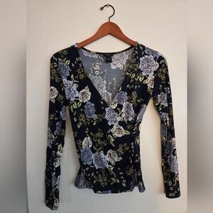 Ann Taylor Floral Wrap Top - Black and White